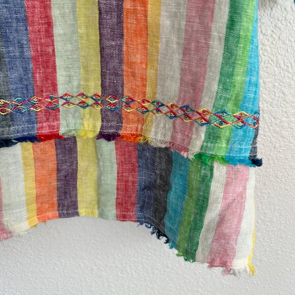 John Mark Shirt XL Rainbow Stripe Linen Embroidery Flounce Sleeve Raw Hem - Picture 4 of 8